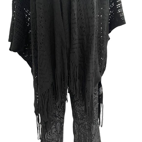 Bebe Blk Knit Poncho Fringe Boho Chic Open Front Lightweight Cover-Up Festival - Picture 7 of 9